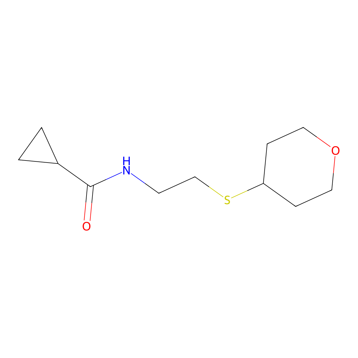 N-[2-(oxan-4-ylsulfanyl)ethyl]cyclopropanecarboxamide molecular structure, CAS 2034524-67-7