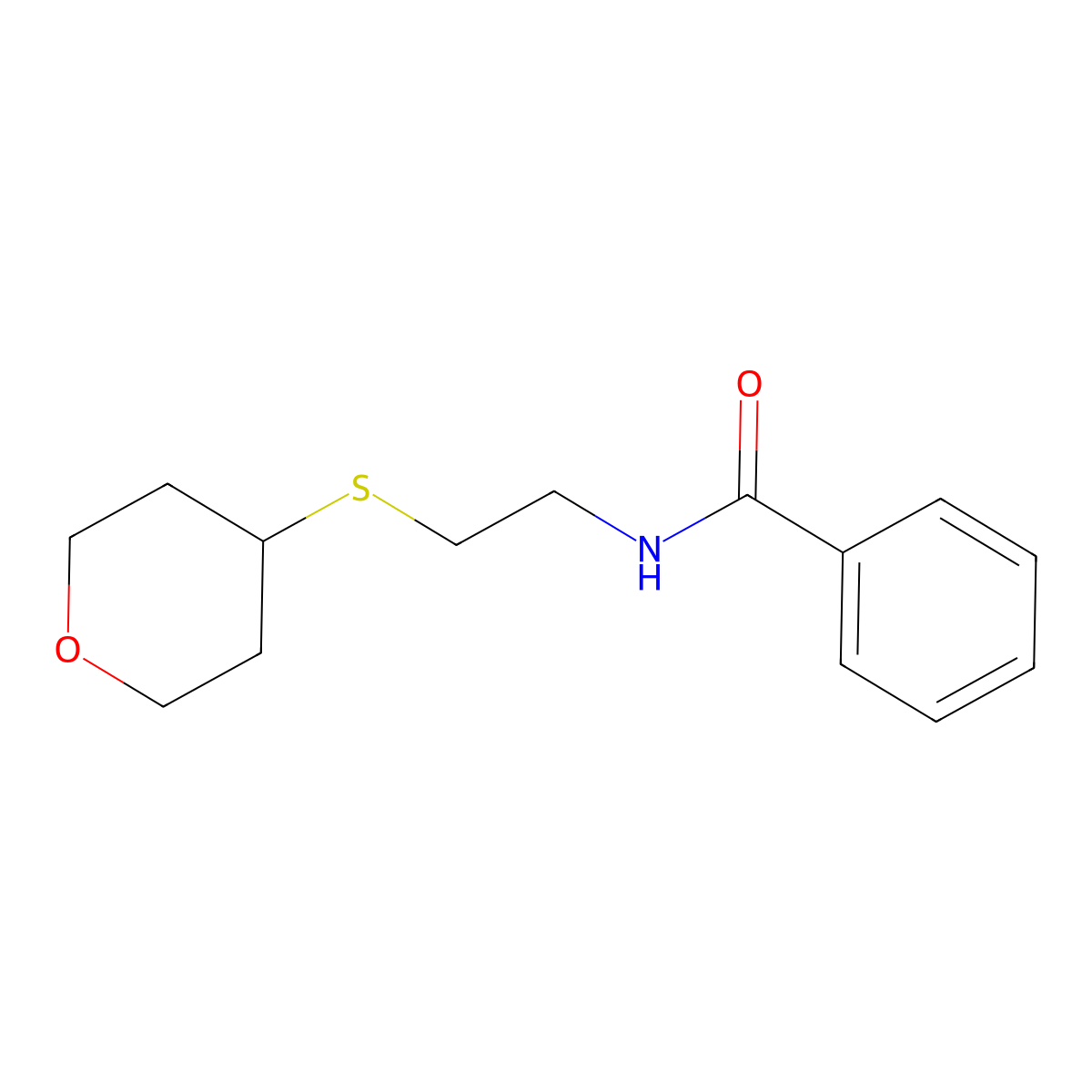 N-[2-(oxan-4-ylsulfanyl)ethyl]benzamide molecular structure, CAS 2034524-72-4