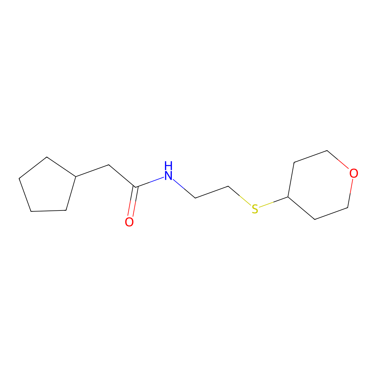 2-cyclopentyl-N-[2-(oxan-4-ylsulfanyl)ethyl]acetamide molecular structure, CAS 2034524-78-0