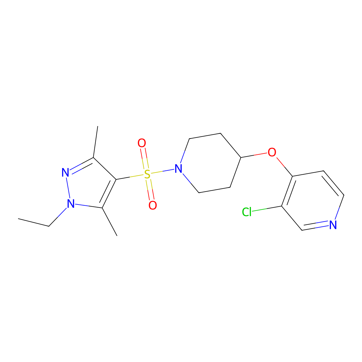 3-chloro-4-((1-((1-ethyl-3,5-dimethyl-1H-pyrazol-4-yl)sulfonyl)piperidin-4-yl)oxy)pyridine molecular structure, CAS 2034524-97-3