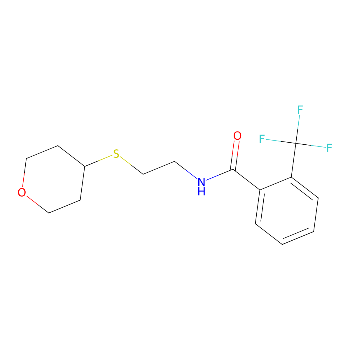 N-[2-(oxan-4-ylsulfanyl)ethyl]-2-(trifluoromethyl)benzamide molecular structure, CAS 2034525-00-1