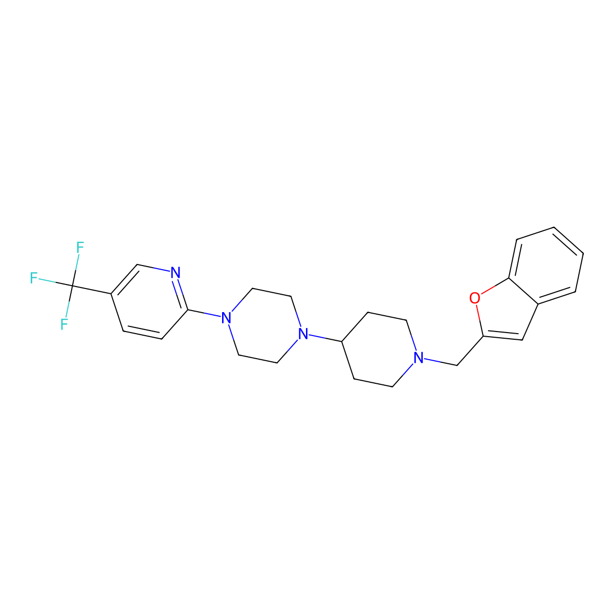 1-(1-(Benzofuran-2-ylmethyl)piperidin-4-yl)-4-(5-(trifluoromethyl)pyridin-2-yl)piperazine molecular structure, CAS 2034525-02-3
