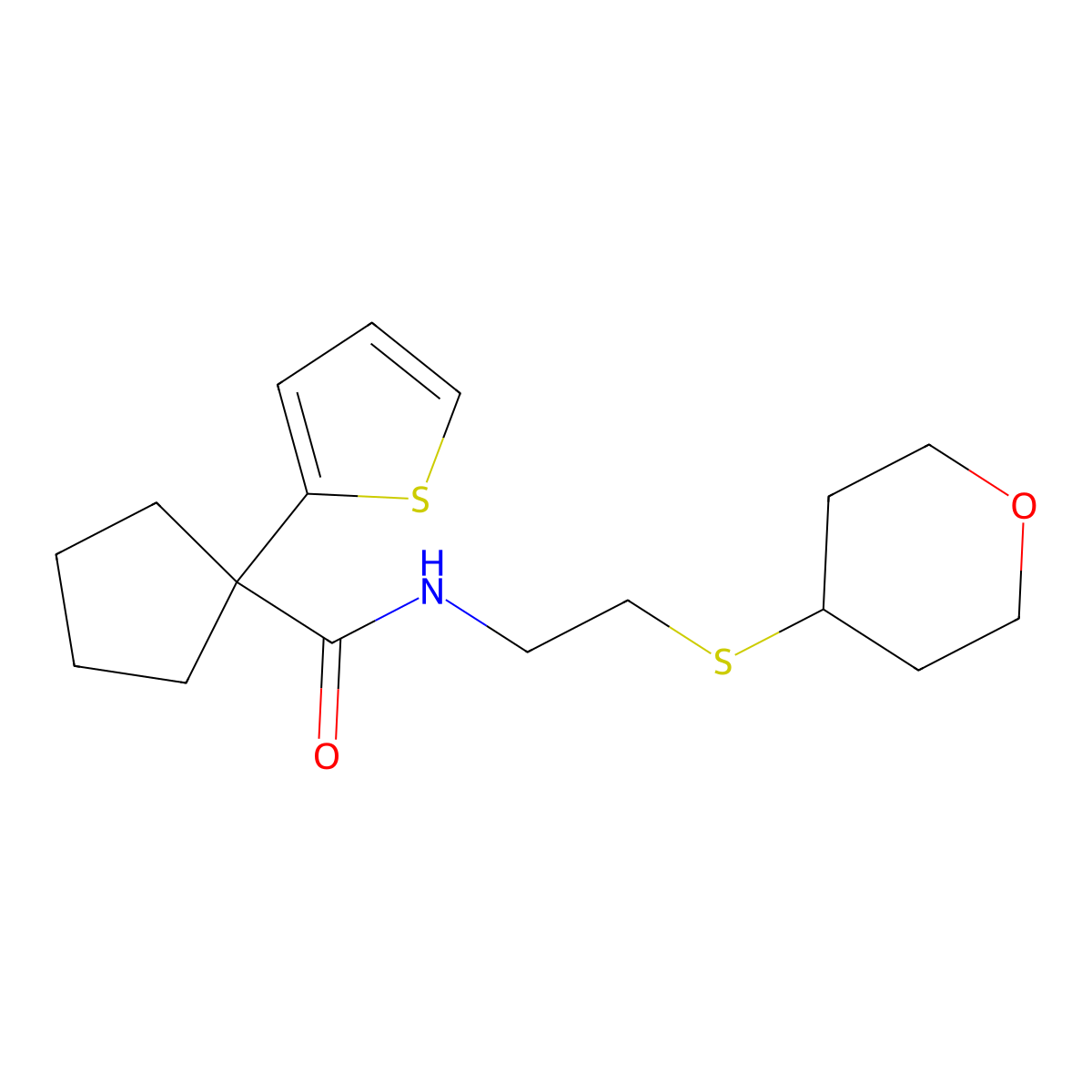 N-(2-((tetrahydro-2H-pyran-4-yl)thio)ethyl)-1-(thiophen-2-yl)cyclopentanecarboxamide molecular structure, CAS 2034525-04-5