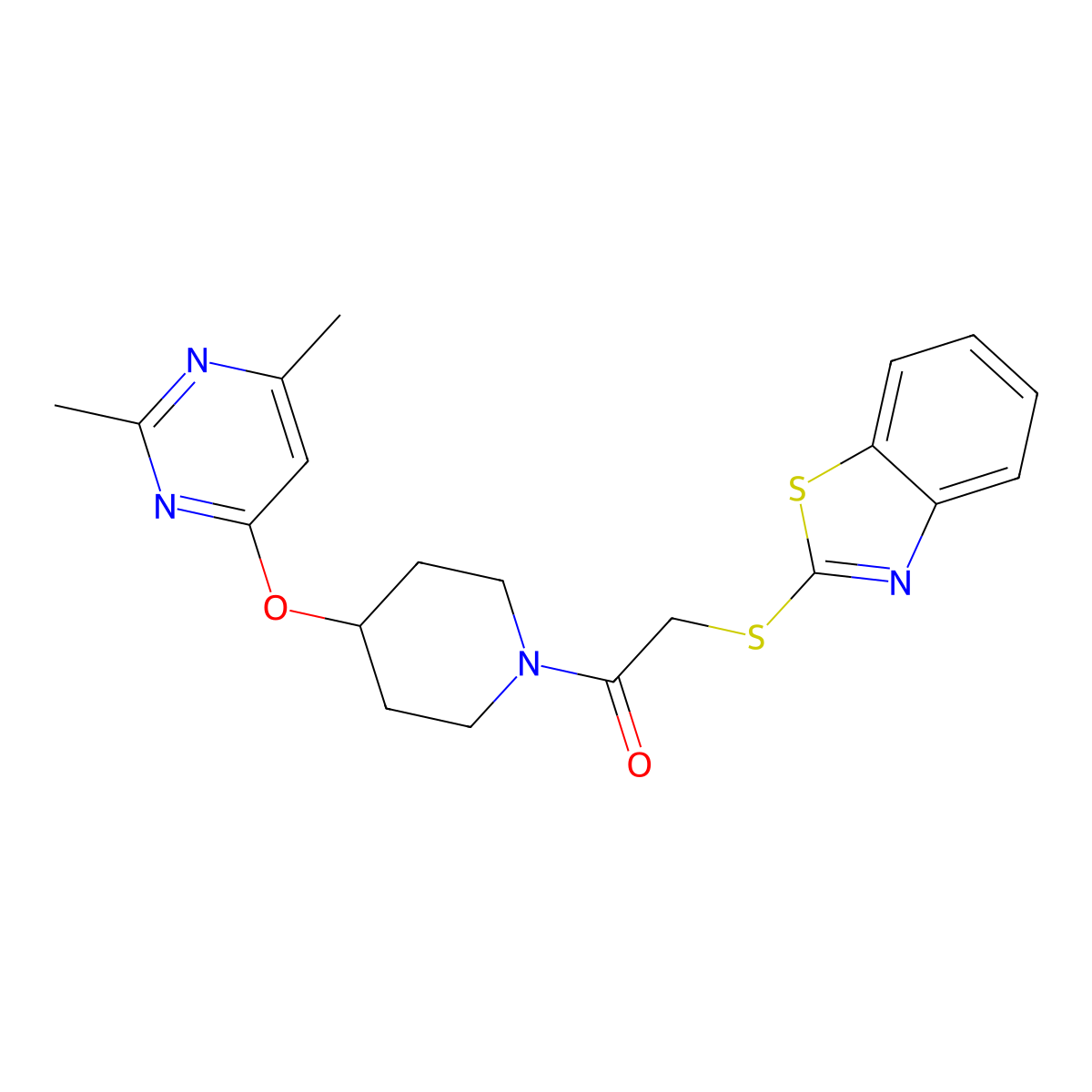 2-(Benzo[d]thiazol-2-ylthio)-1-(4-((2,6-dimethylpyrimidin-4-yl)oxy)piperidin-1-yl)ethanone molecular structure, CAS 2034525-05-6