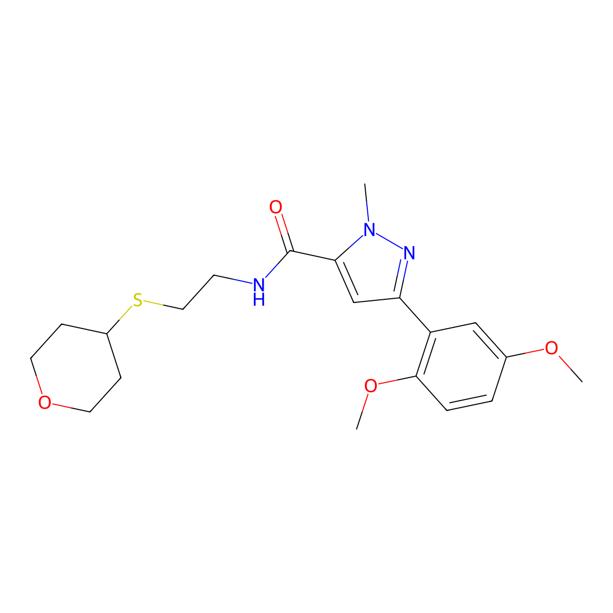 3-(2,5-dimethoxyphenyl)-1-methyl-N-(2-((tetrahydro-2H-pyran-4-yl)thio)ethyl)-1H-pyrazole-5-carboxamide molecular structure, CAS 2034525-08-9