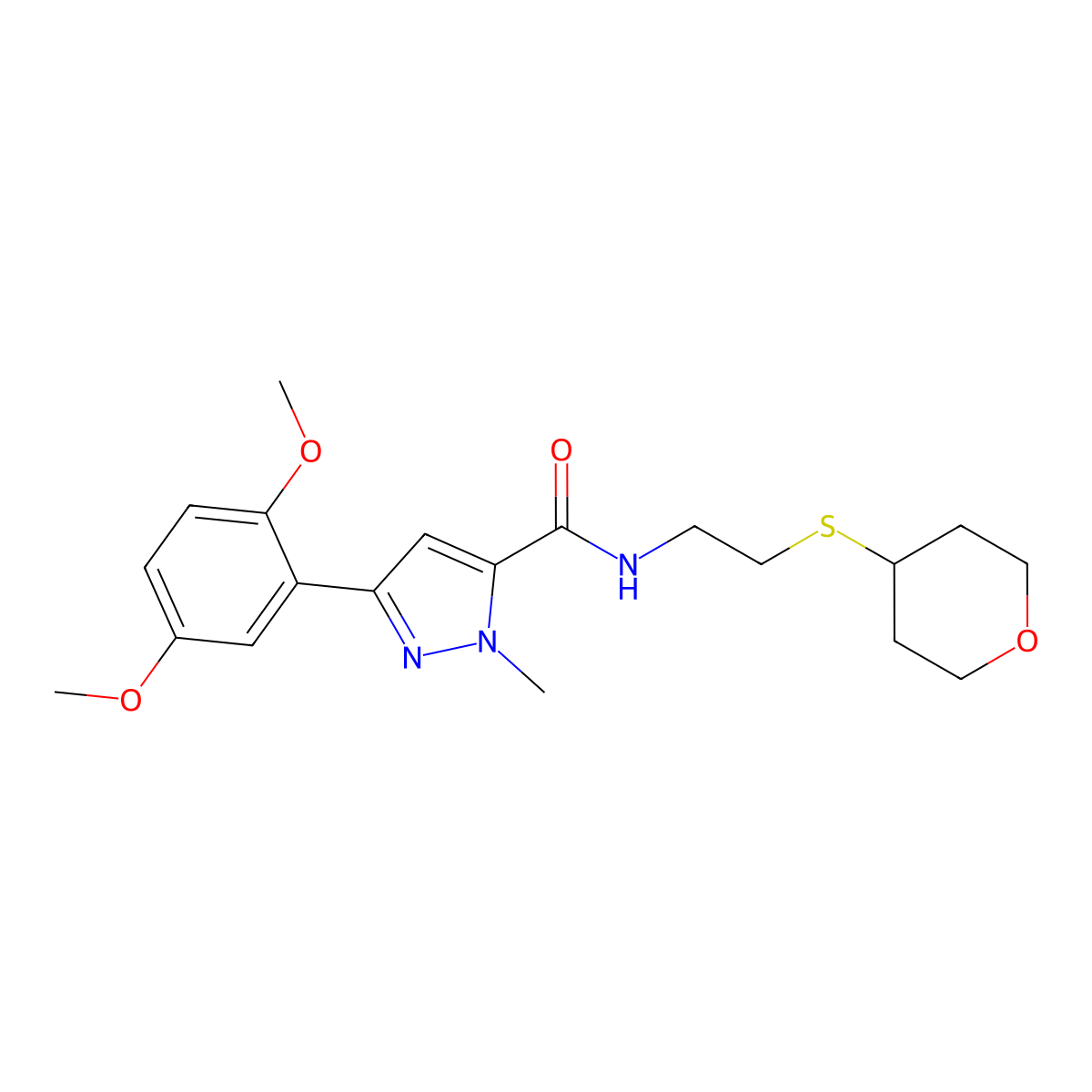 3-(2,5-dimethoxyphenyl)-1-methyl-N-(2-((tetrahydro-2H-pyran-4-yl)thio)ethyl)-1H-pyrazole-5-carboxamide molecular structure, CAS 2034525-08-9