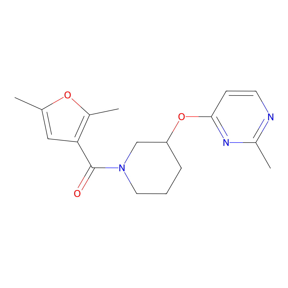 (2,5-Dimethylfuran-3-yl)(3-((2-methylpyrimidin-4-yl)oxy)piperidin-1-yl)methanone molecular structure, CAS 2034525-14-7