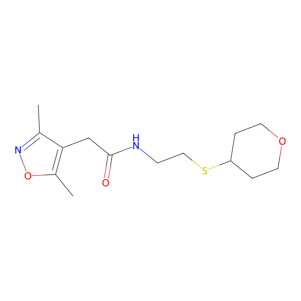 2-(3,5-dimethylisoxazol-4-yl)-N-(2-((tetrahydro-2H-pyran-4-yl)thio)ethyl)acetamide molecular structure, CAS 2034525-24-9