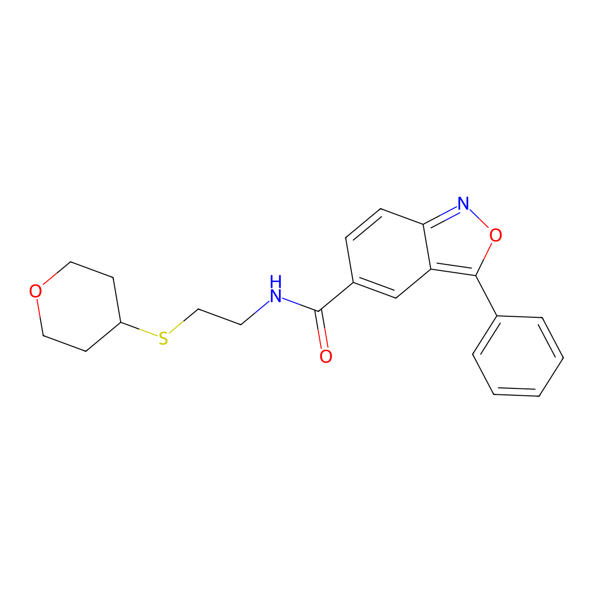 3-phenyl-N-(2-((tetrahydro-2H-pyran-4-yl)thio)ethyl)benzo[c]isoxazole-5-carboxamide molecular structure, CAS 2034525-33-0