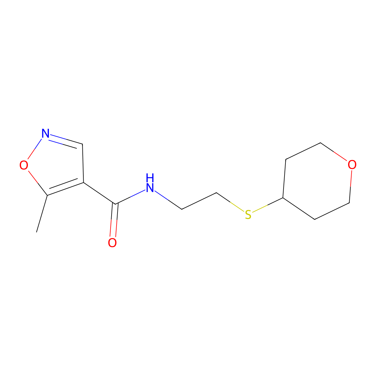 5-methyl-N-(2-((tetrahydro-2H-pyran-4-yl)thio)ethyl)isoxazole-4-carboxamide molecular structure, CAS 2034525-36-3