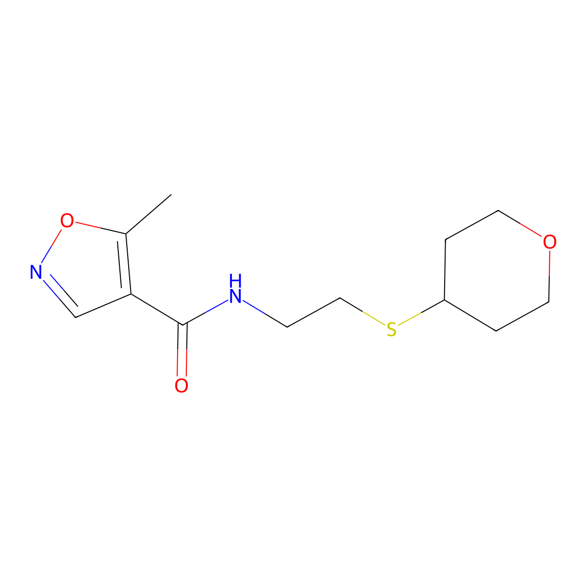 5-methyl-N-(2-((tetrahydro-2H-pyran-4-yl)thio)ethyl)isoxazole-4-carboxamide molecular structure, CAS 2034525-36-3