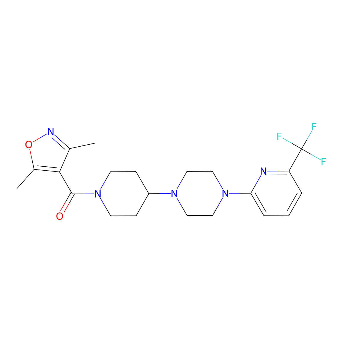 (3,5-Dimethylisoxazol-4-yl)(4-(4-(6-(trifluoromethyl)pyridin-2-yl)piperazin-1-yl)piperidin-1-yl)methanone molecular structure, CAS 2034525-40-9