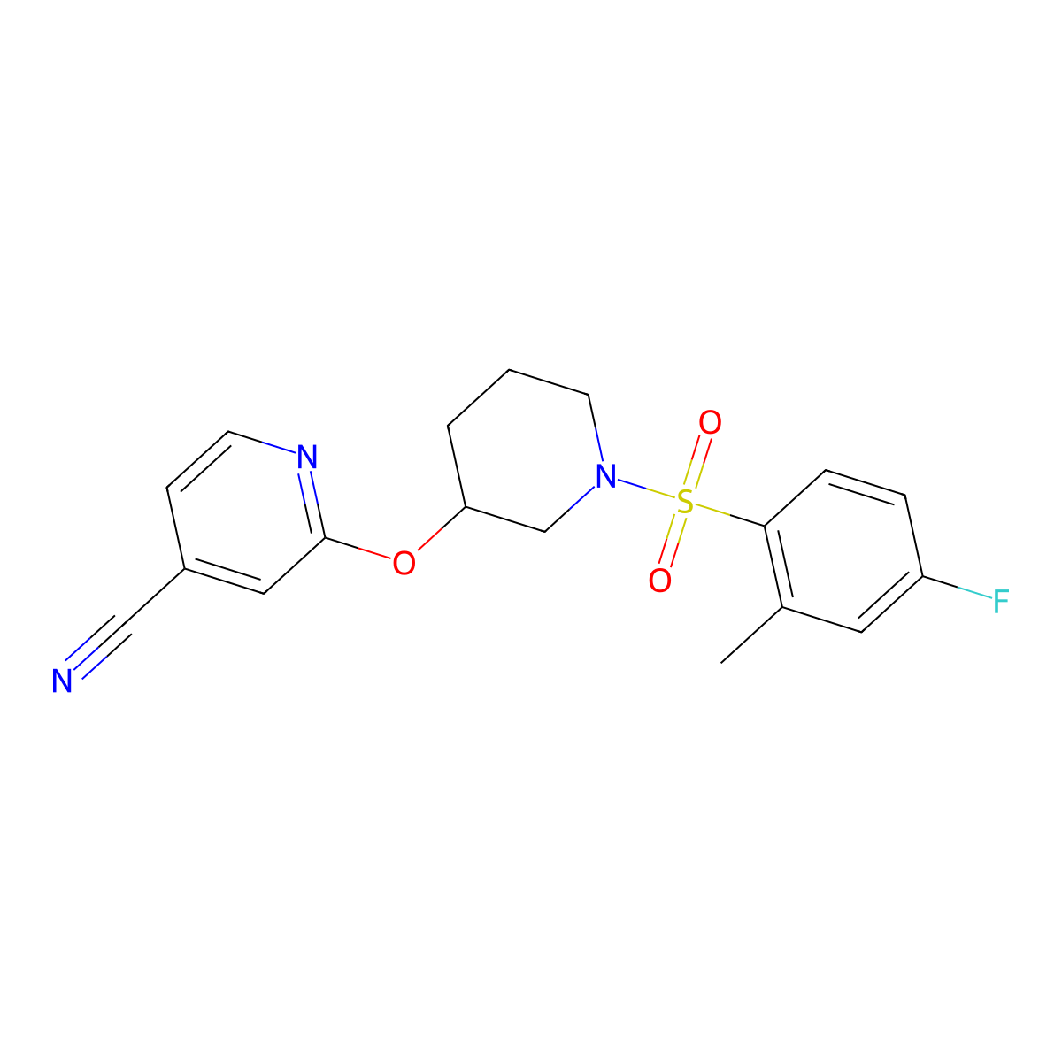 2-((1-((4-Fluoro-2-methylphenyl)sulfonyl)piperidin-3-yl)oxy)isonicotinonitrile molecular structure, CAS 2034525-41-0