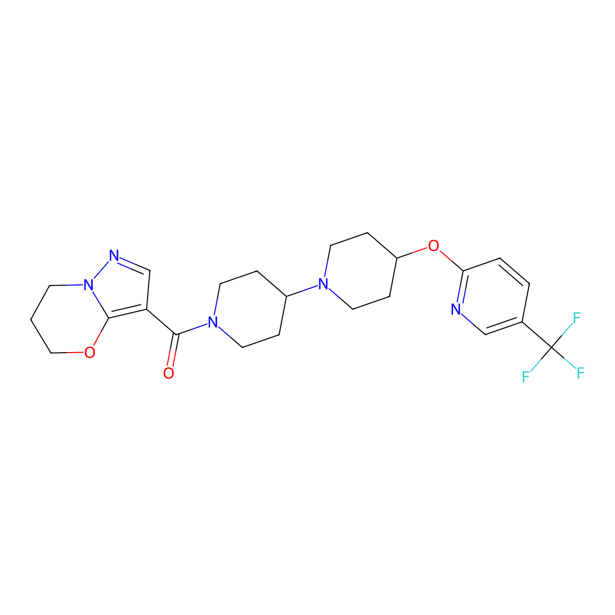 1'-{5H,6H,7H-pyrazolo[3,2-b][1,3]oxazine-3-carbonyl}-4-{[5-(trifluoromethyl)pyridin-2-yl]oxy}-1,4'-bipiperidine molecular structure, CAS 2034525-46-5