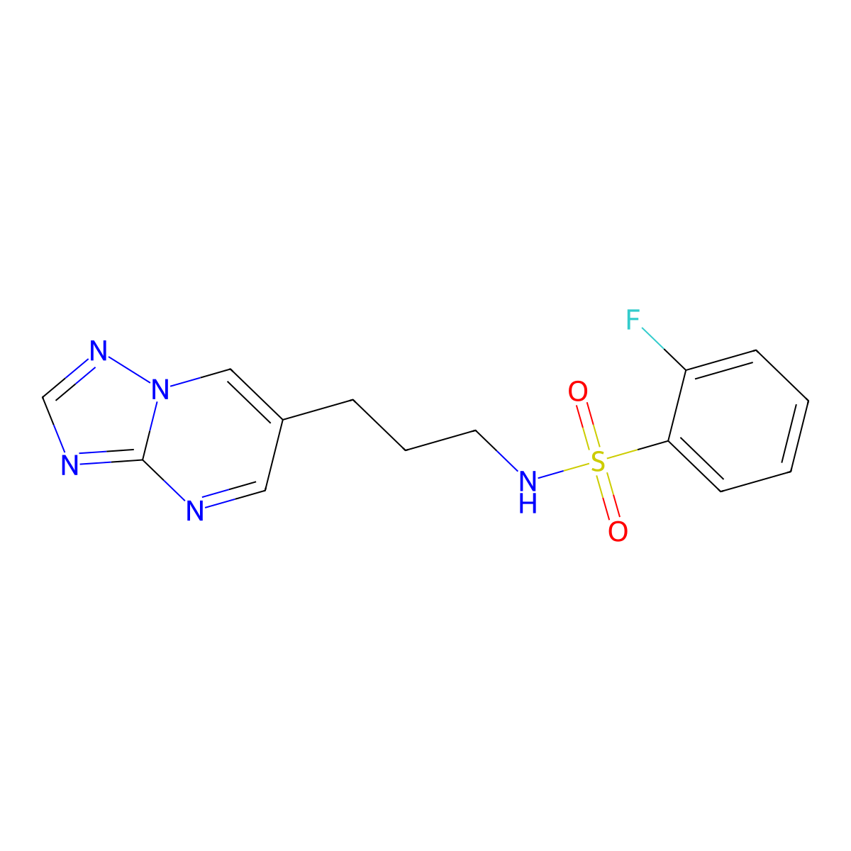 N-(3-([1,2,4]triazolo[1,5-a]pyrimidin-6-yl)propyl)-2-fluorobenzenesulfonamide molecular structure, CAS 2034525-49-8