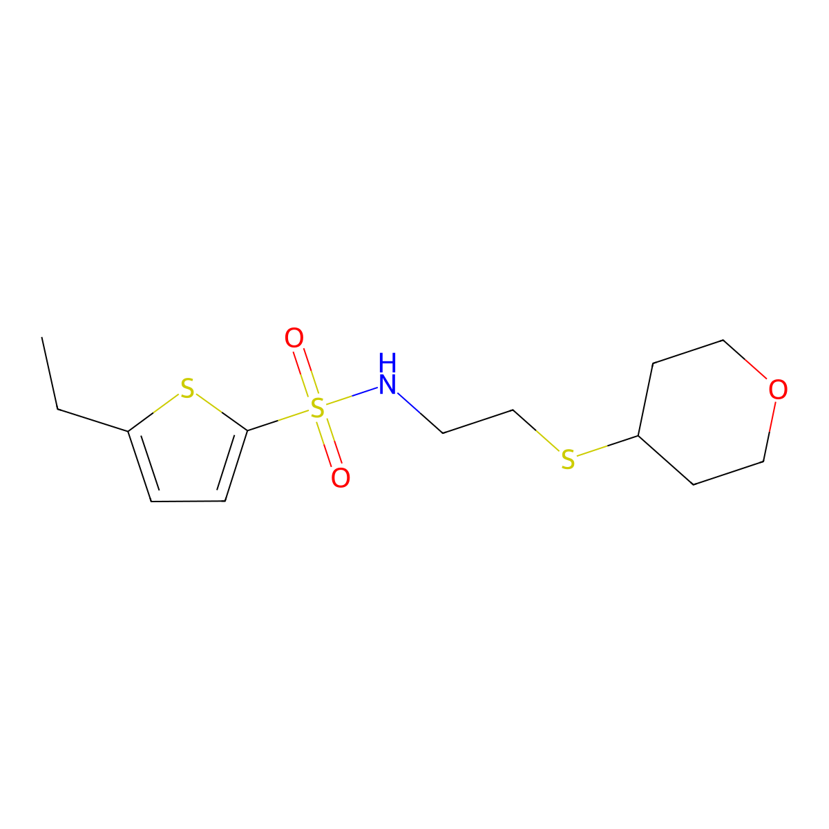 5-ethyl-N-(2-((tetrahydro-2H-pyran-4-yl)thio)ethyl)thiophene-2-sulfonamide molecular structure, CAS 2034525-52-3
