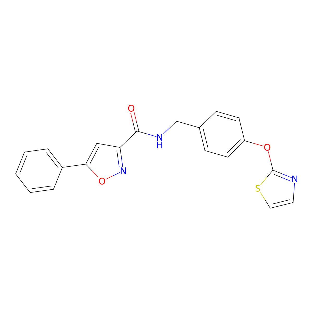 5-phenyl-N-(4-(thiazol-2-yloxy)benzyl)isoxazole-3-carboxamide molecular structure, CAS 2034525-74-9