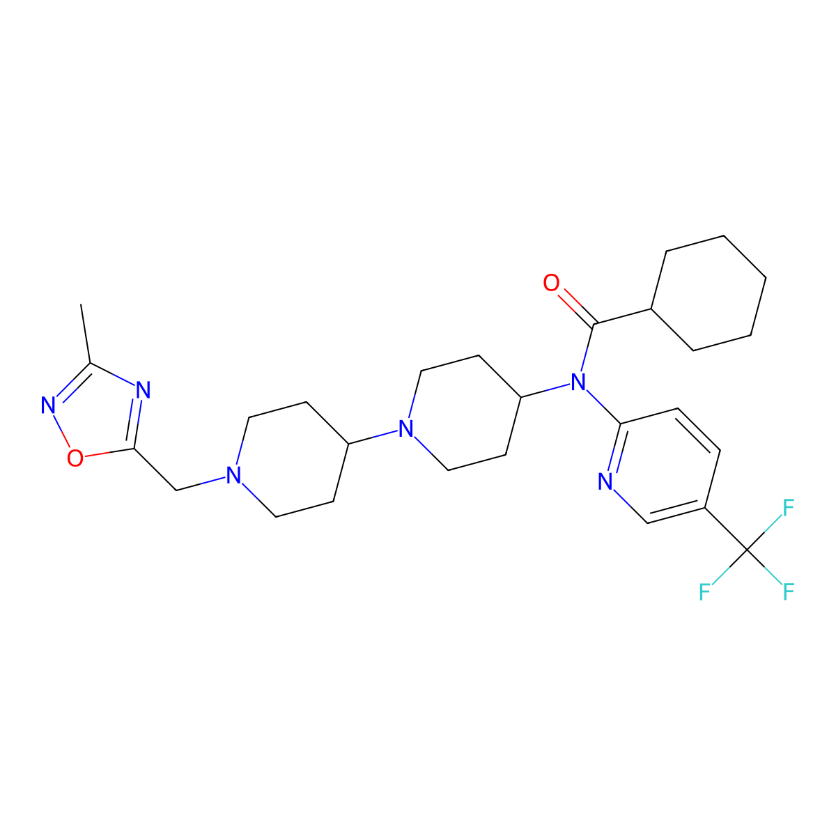 N-(1'-((3-methyl-1,2,4-oxadiazol-5-yl)methyl)-[1,4'-bipiperidin]-4-yl)-N-(5-(trifluoromethyl)pyridin-2-yl)cyclohexanecarboxamide molecular structure, CAS 2034525-75-0