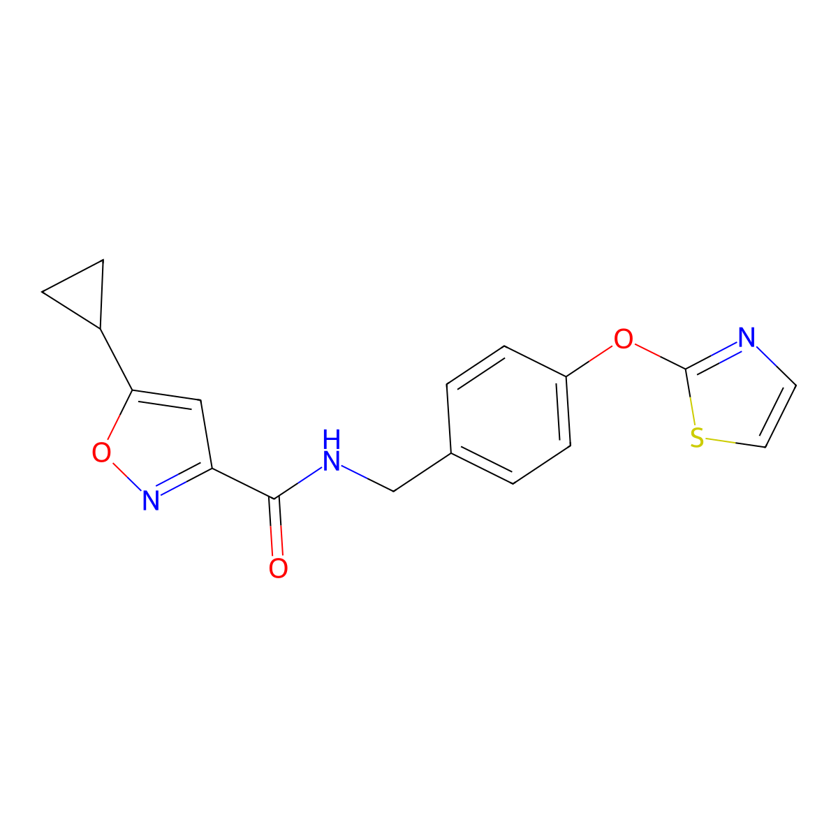 5-cyclopropyl-N-(4-(thiazol-2-yloxy)benzyl)isoxazole-3-carboxamide molecular structure, CAS 2034525-78-3
