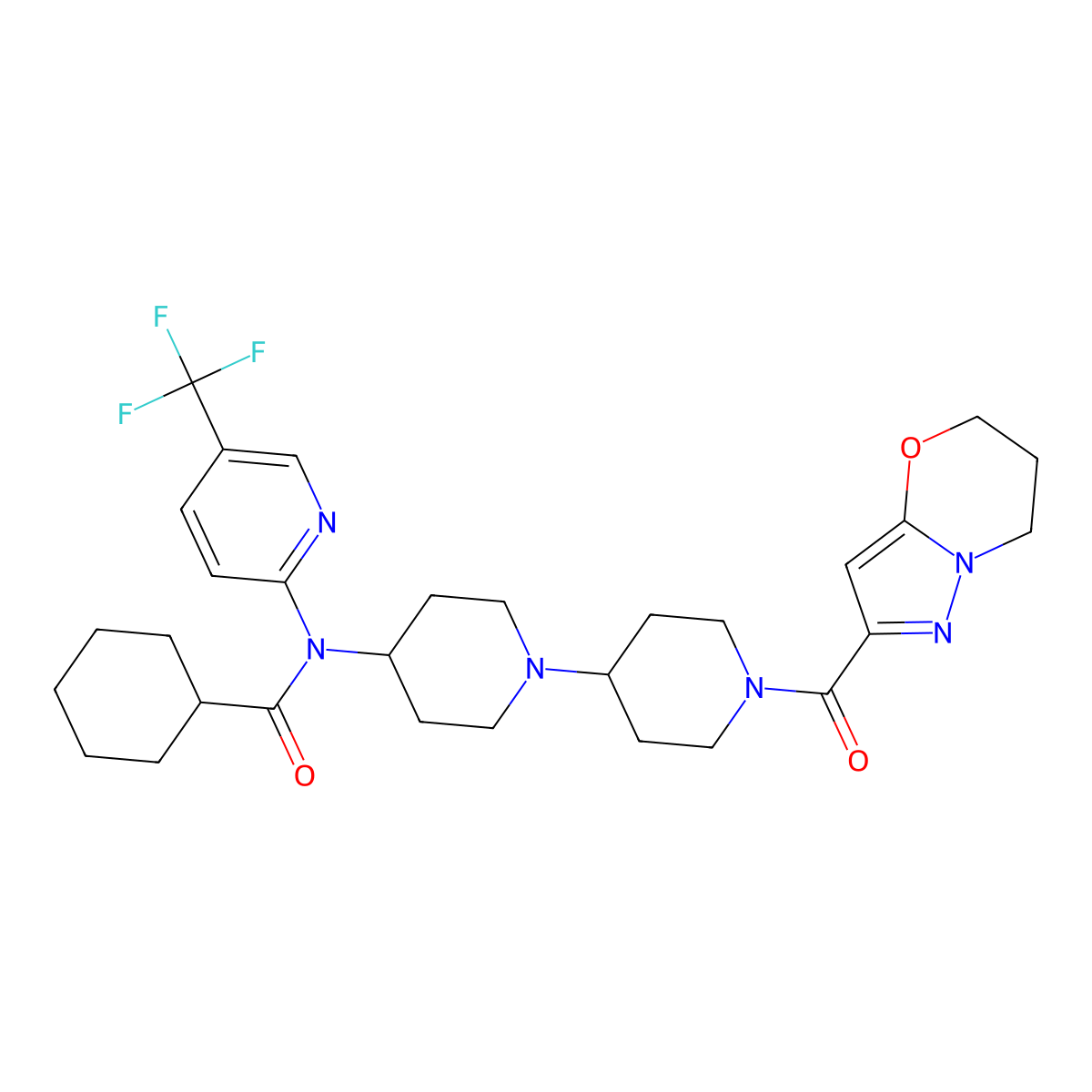 N-(1'-(6,7-dihydro-5H-pyrazolo[5,1-b][1,3]oxazine-2-carbonyl)-[1,4'-bipiperidin]-4-yl)-N-(5-(trifluoromethyl)pyridin-2-yl)cyclohexanecarboxamide molecular structure, CAS 2034525-81-8