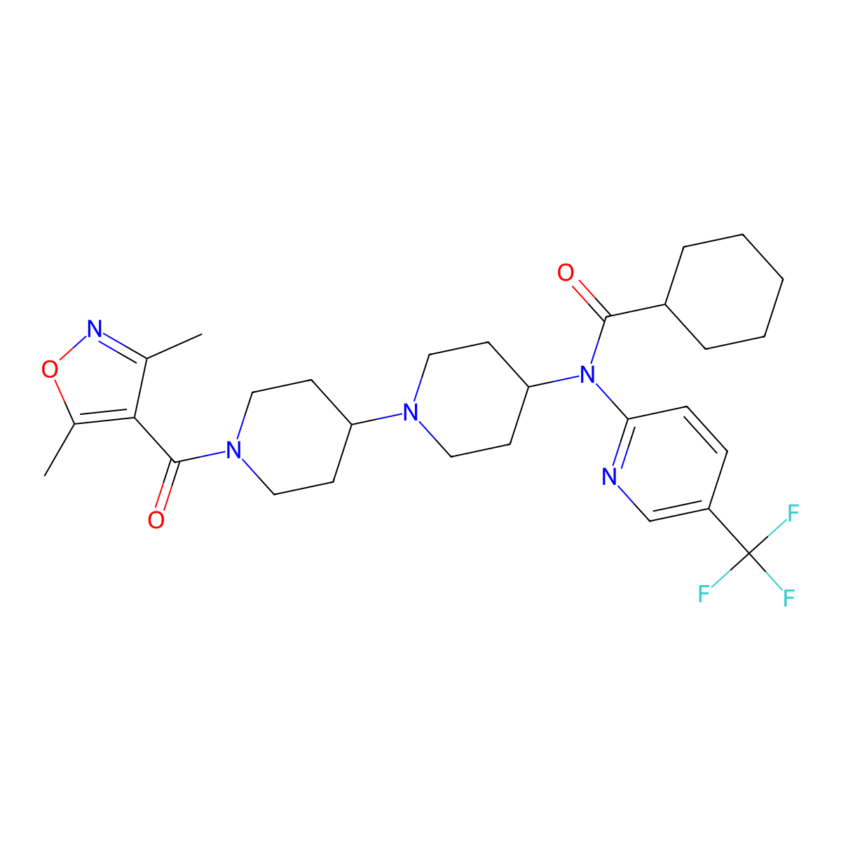 N-(1'-(3,5-dimethylisoxazole-4-carbonyl)-[1,4'-bipiperidin]-4-yl)-N-(5-(trifluoromethyl)pyridin-2-yl)cyclohexanecarboxamide molecular structure, CAS 2034525-90-9