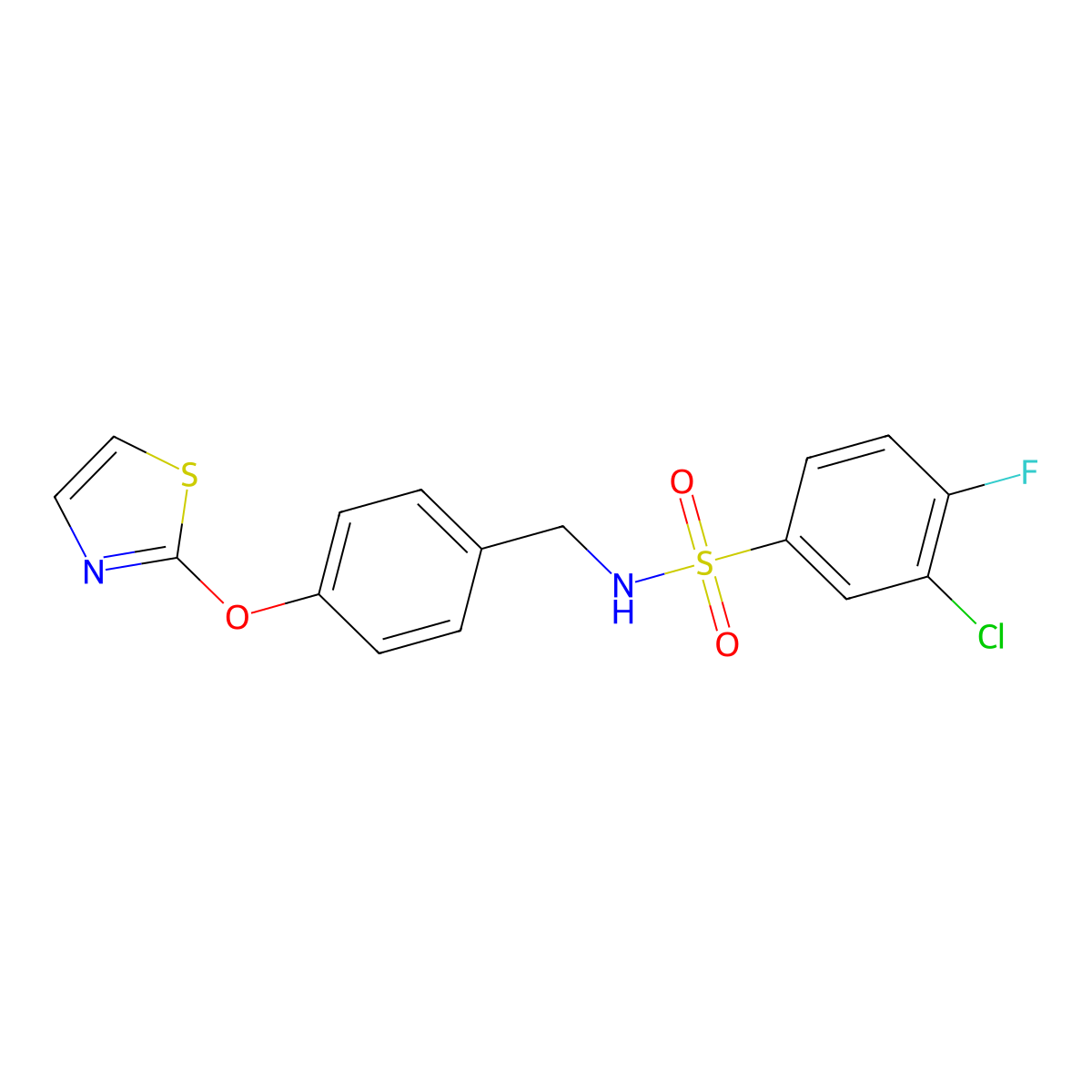 3-chloro-4-fluoro-N-(4-(thiazol-2-yloxy)benzyl)benzenesulfonamide molecular structure, CAS 2034526-08-2