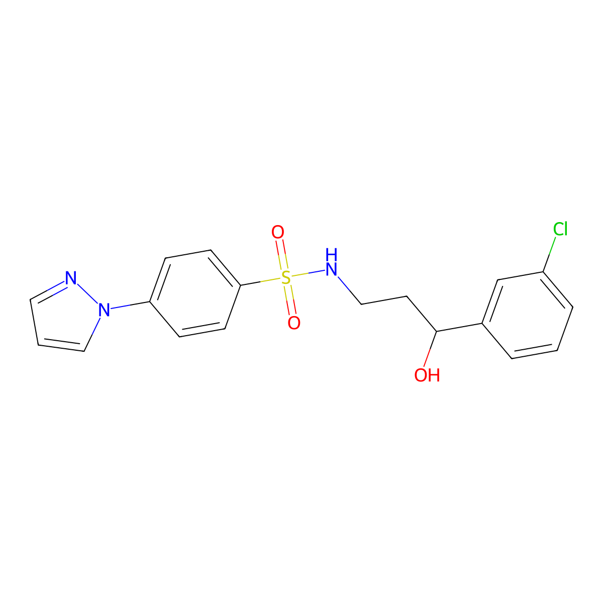 N-(3-(3-chlorophenyl)-3-hydroxypropyl)-4-(1H-pyrazol-1-yl)benzenesulfonamide molecular structure, CAS 2034526-23-1