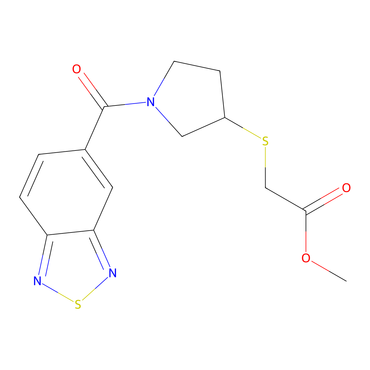 Methyl 2-((1-(benzo[c][1,2,5]thiadiazole-5-carbonyl)pyrrolidin-3-yl)thio)acetate molecular structure, CAS 2034526-61-7