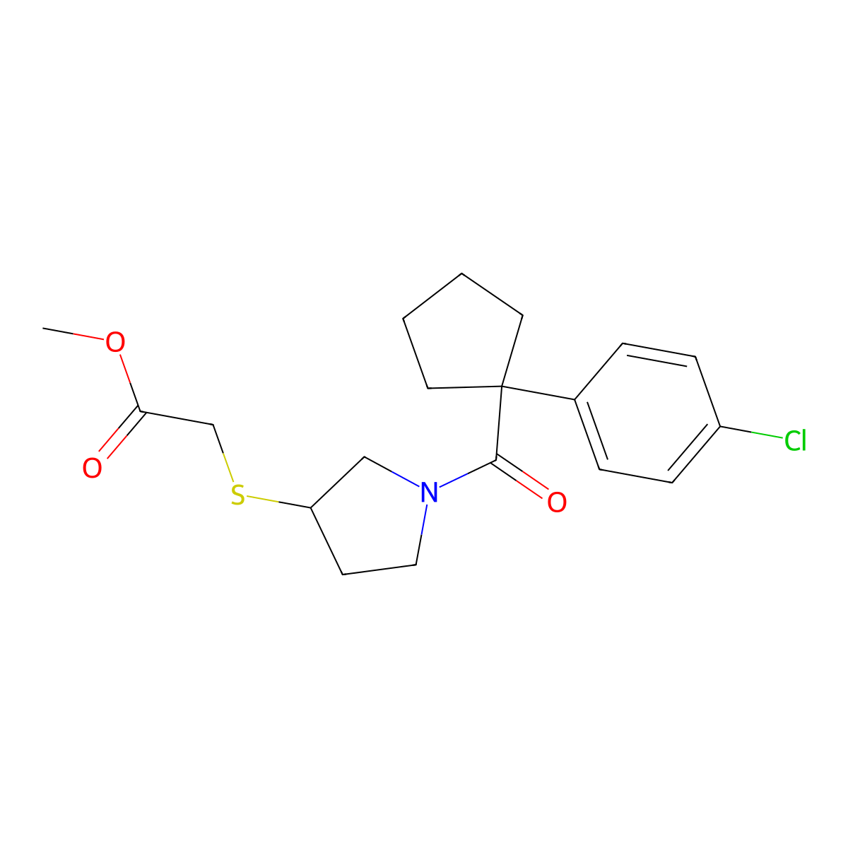 Methyl 2-((1-(1-(4-chlorophenyl)cyclopentanecarbonyl)pyrrolidin-3-yl)thio)acetate molecular structure, CAS 2034526-65-1