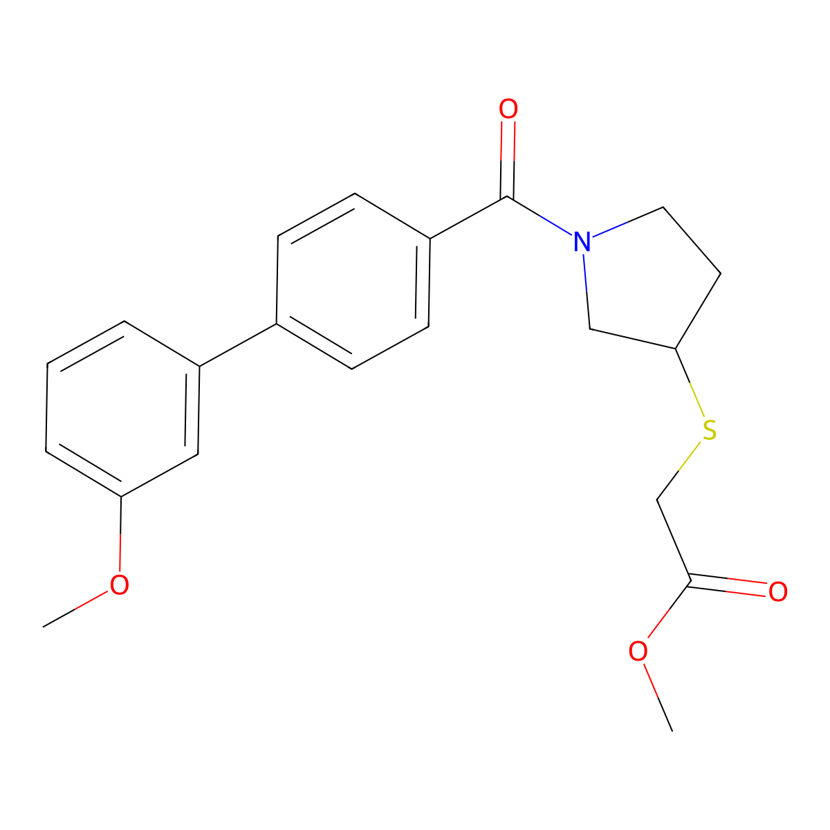 Methyl 2-((1-(3'-methoxy-[1,1'-biphenyl]-4-carbonyl)pyrrolidin-3-yl)thio)acetate molecular structure, CAS 2034526-72-0