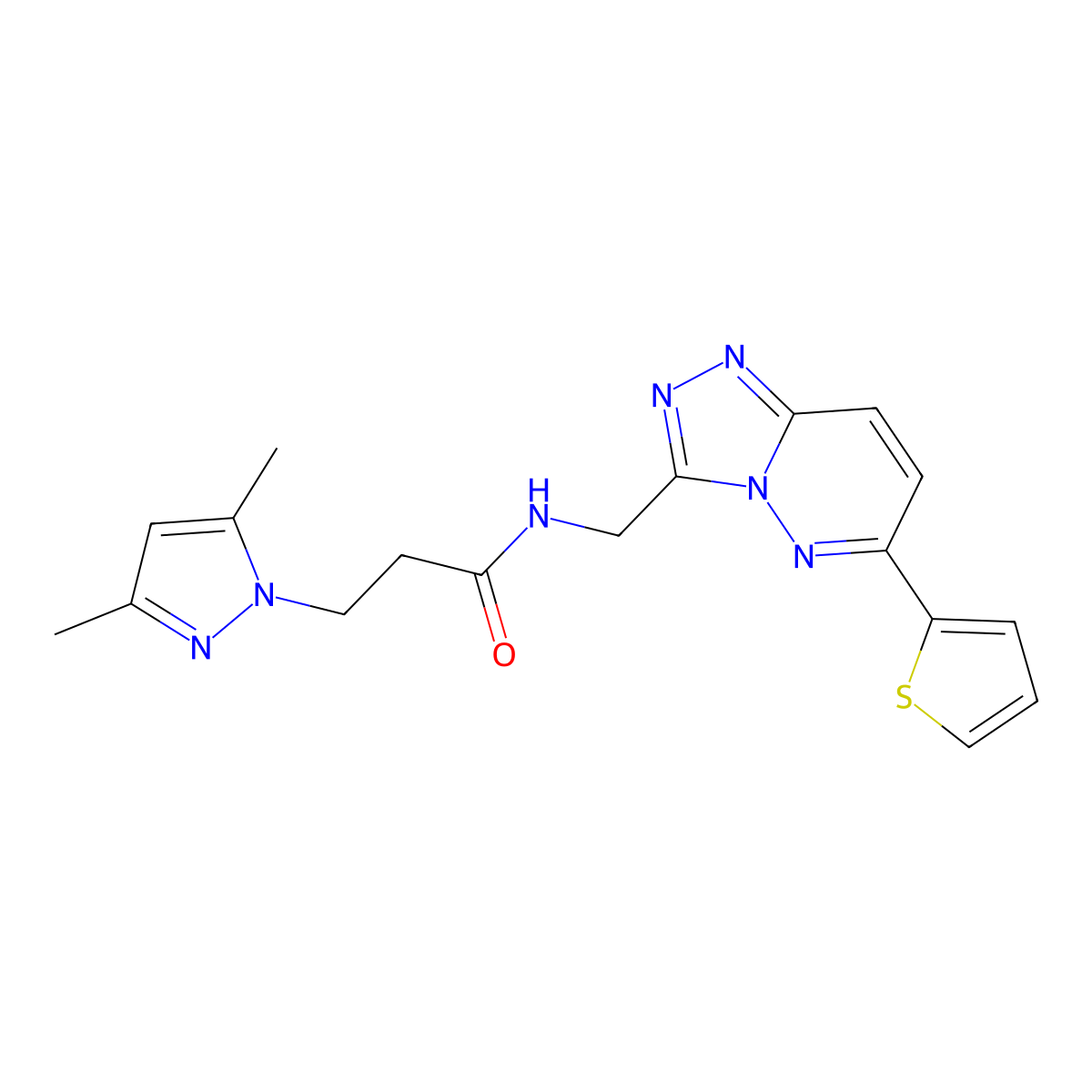 3-(3,5-dimethyl-1H-pyrazol-1-yl)-N-((6-(thiophen-2-yl)-[1,2,4]triazolo[4,3-b]pyridazin-3-yl)methyl)propanamide molecular structure, CAS 2034526-90-2