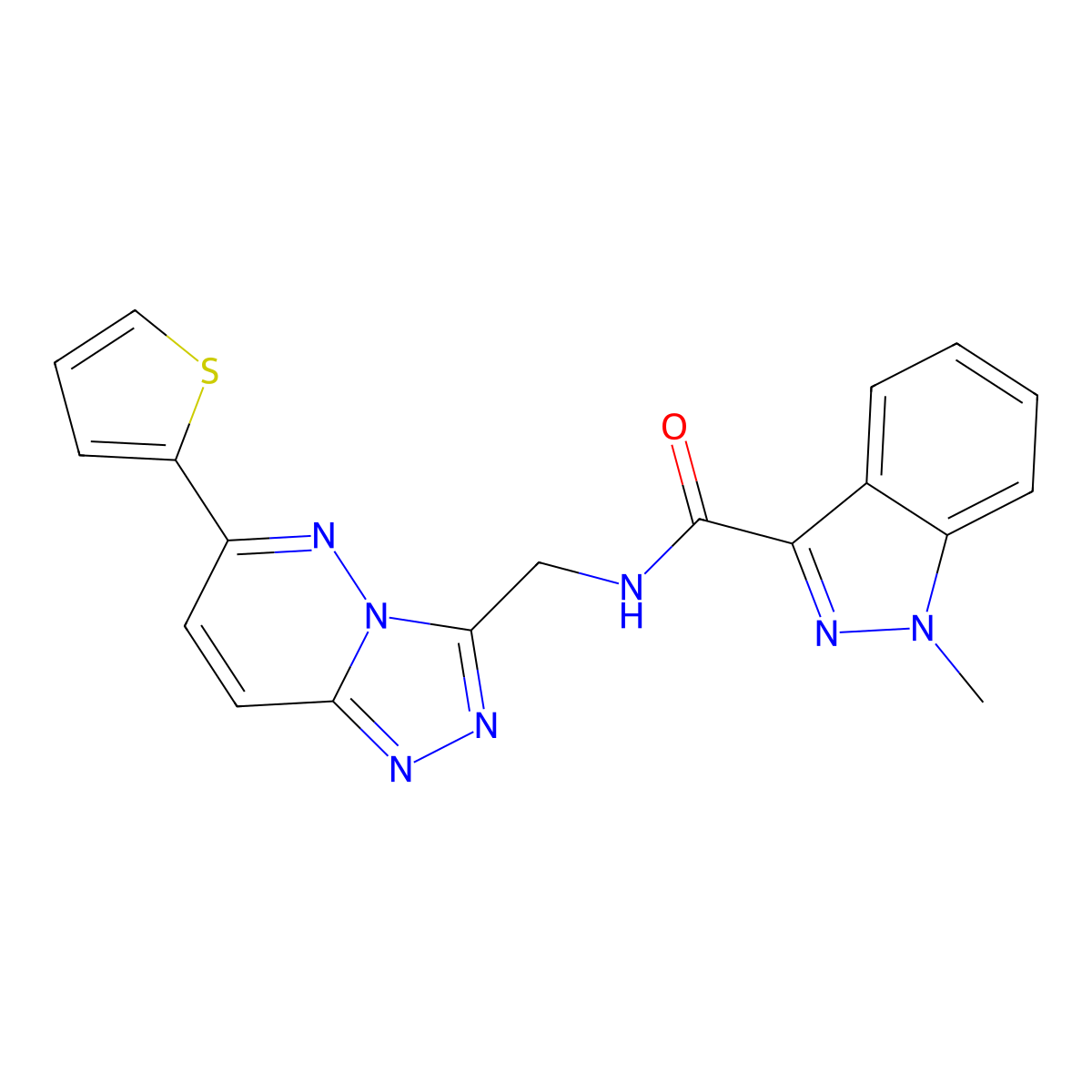 1-methyl-N-((6-(thiophen-2-yl)-[1,2,4]triazolo[4,3-b]pyridazin-3-yl)methyl)-1H-indazole-3-carboxamide molecular structure, CAS 2034527-06-3