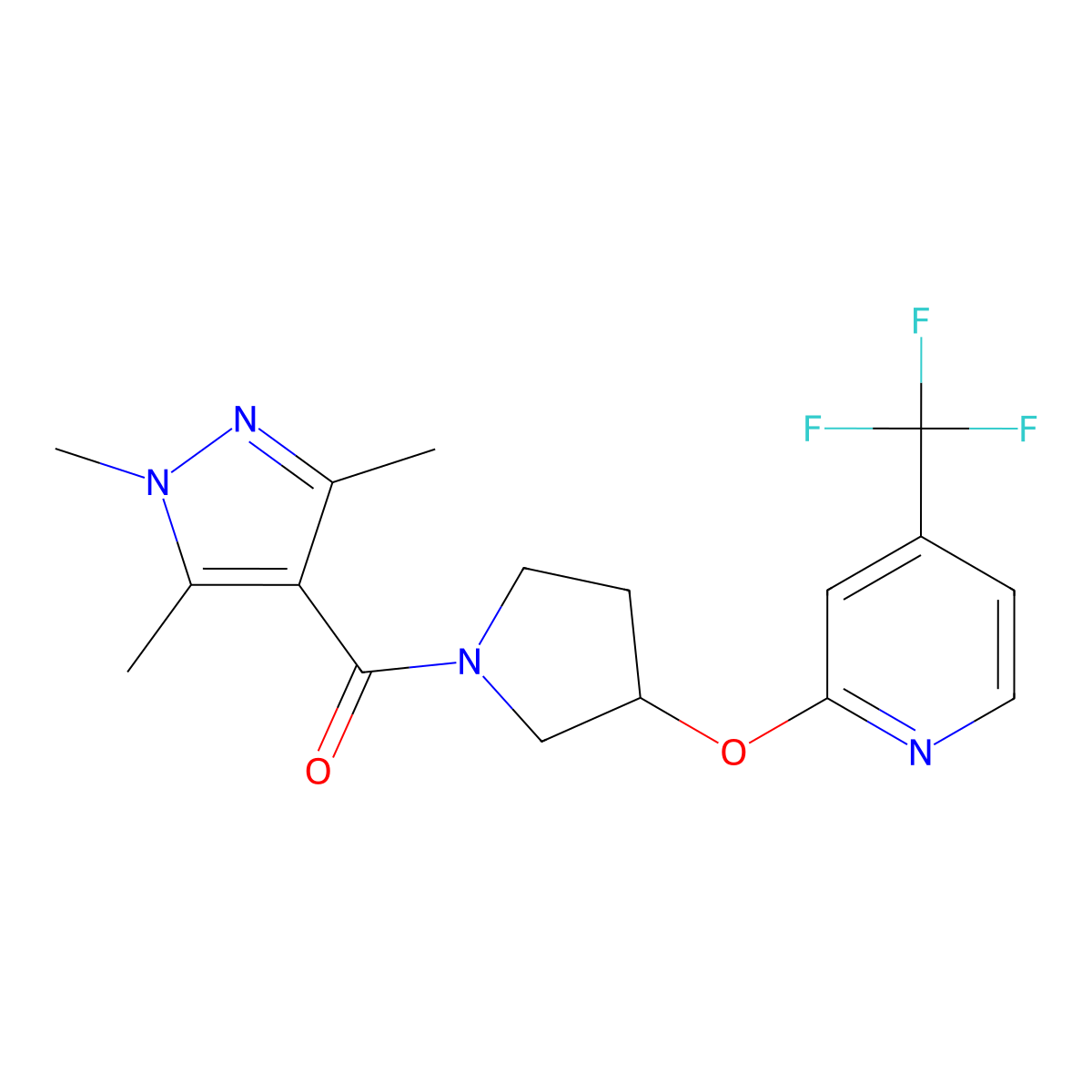 (3-((4-(trifluoromethyl)pyridin-2-yl)oxy)pyrrolidin-1-yl)(1,3,5-trimethyl-1H-pyrazol-4-yl)methanone molecular structure, CAS 2034527-11-0