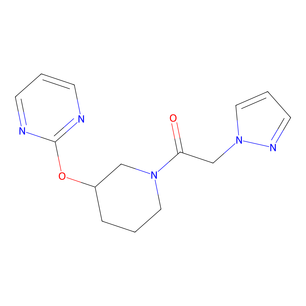 2-(1H-pyrazol-1-yl)-1-(3-(pyrimidin-2-yloxy)piperidin-1-yl)ethanone molecular structure, CAS 2034527-12-1