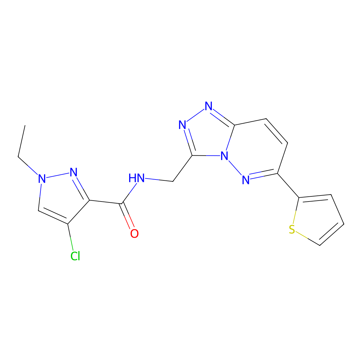 4-chloro-1-ethyl-N-((6-(thiophen-2-yl)-[1,2,4]triazolo[4,3-b]pyridazin-3-yl)methyl)-1H-pyrazole-3-carboxamide molecular structure, CAS 2034527-13-2