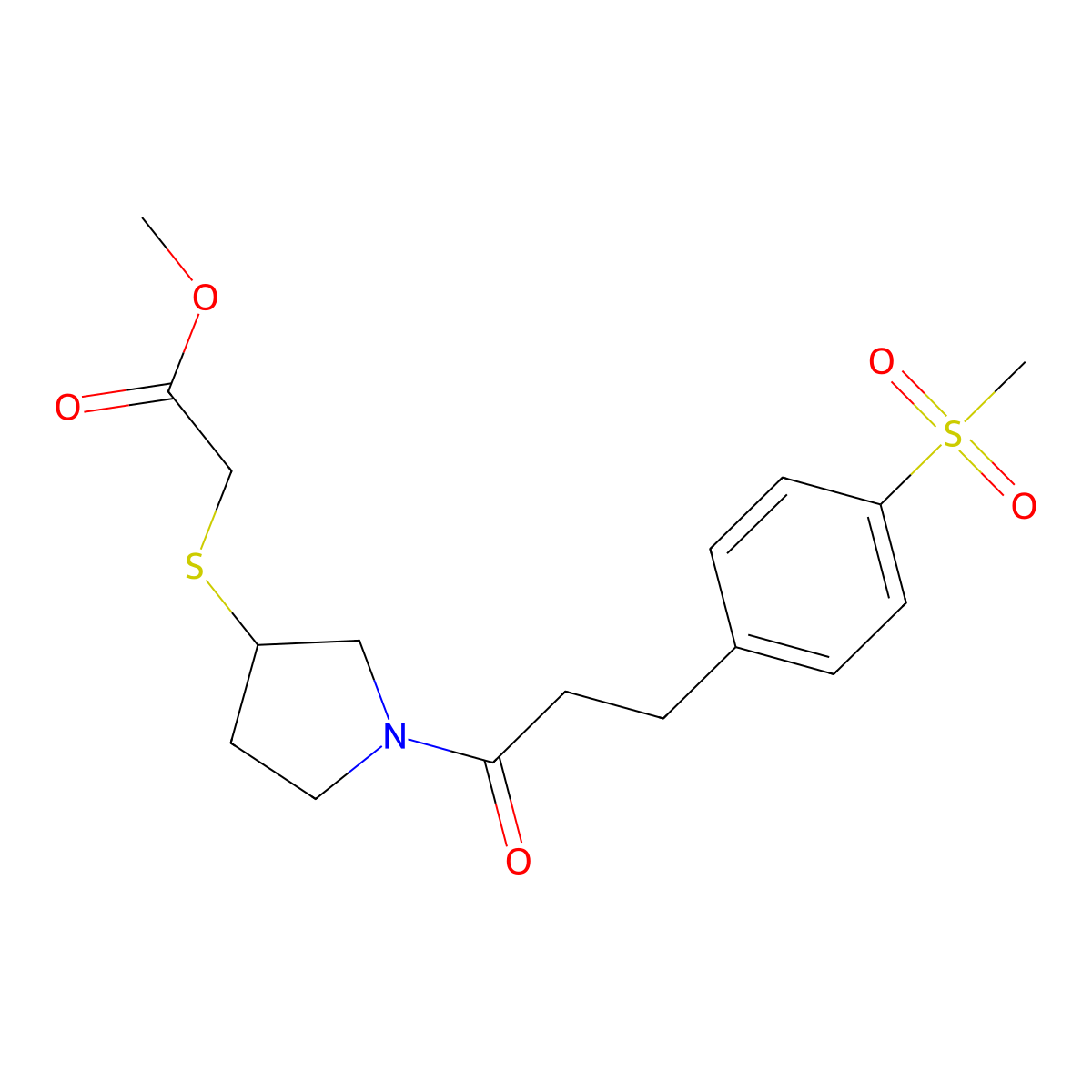 Methyl 2-((1-(3-(4-(methylsulfonyl)phenyl)propanoyl)pyrrolidin-3-yl)thio)acetate molecular structure, CAS 2034527-21-2