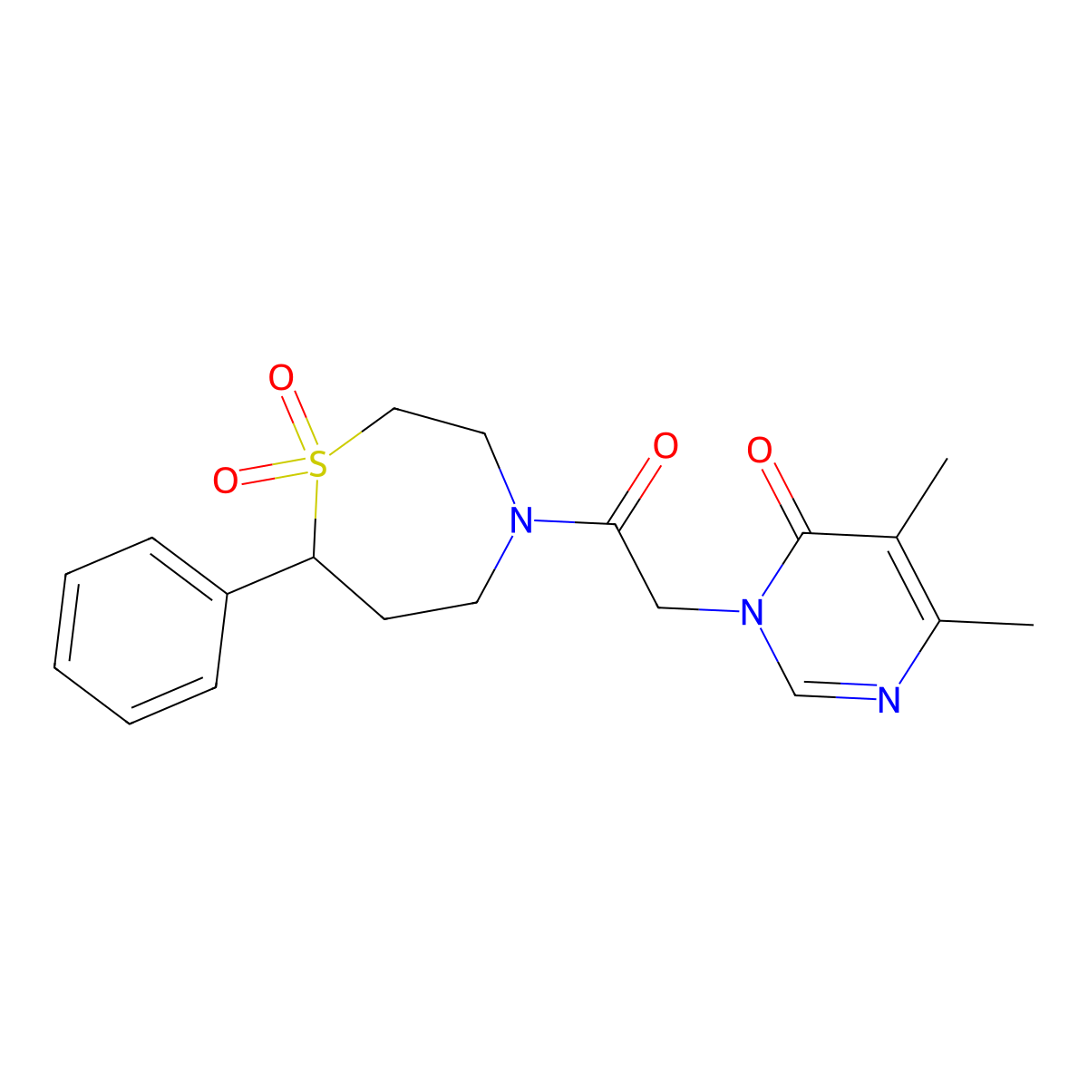 3-(2-(1,1-dioxido-7-phenyl-1,4-thiazepan-4-yl)-2-oxoethyl)-5,6-dimethylpyrimidin-4(3H)-one molecular structure, CAS 2034527-26-7