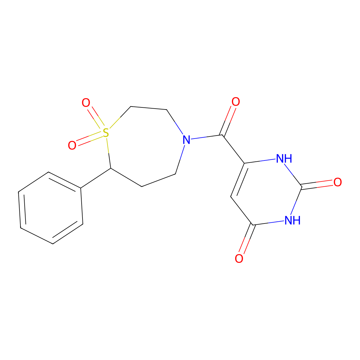 4-(2,6-Dioxo-1,2,3,6-tetrahydropyrimidine-4-carbonyl)-7-phenyl-1lambda6,4-thiazepane-1,1-dione molecular structure, CAS 2034527-33-6