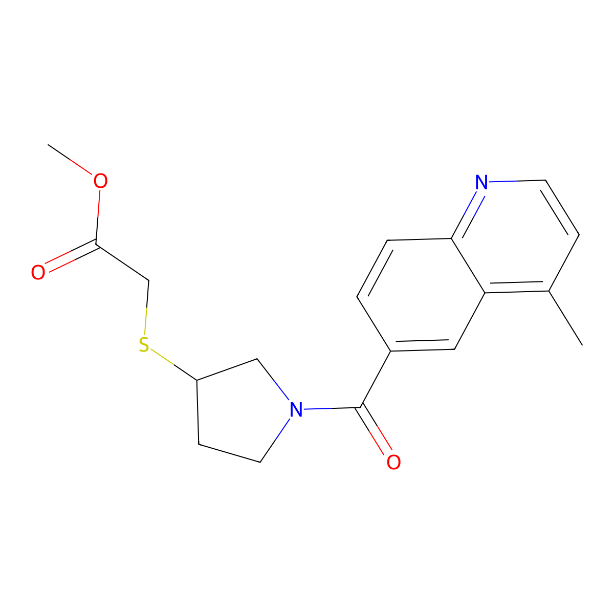 Methyl 2-((1-(4-methylquinoline-6-carbonyl)pyrrolidin-3-yl)thio)acetate molecular structure, CAS 2034527-38-1