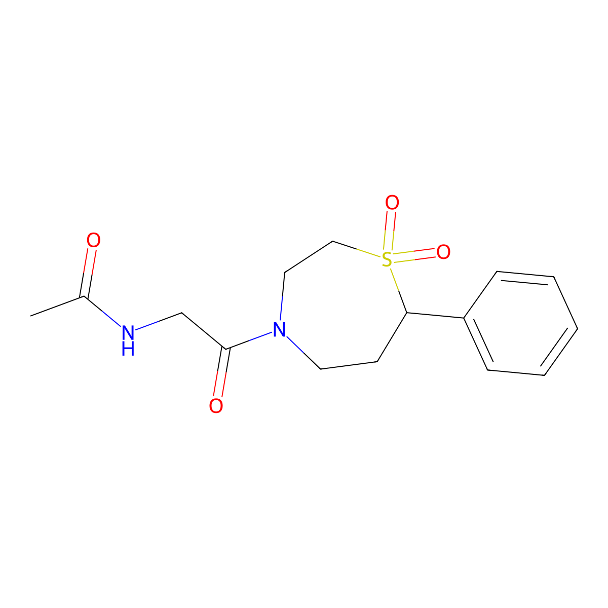N-(2-(1,1-dioxido-7-phenyl-1,4-thiazepan-4-yl)-2-oxoethyl)acetamide molecular structure, CAS 2034527-40-5