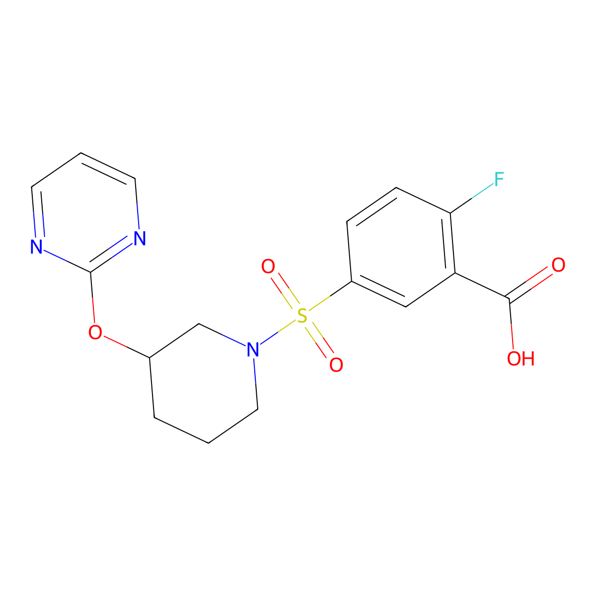 2-Fluoro-5-{[3-(pyrimidin-2-yloxy)piperidin-1-yl]sulfonyl}benzoic acid molecular structure, CAS 2034527-56-3