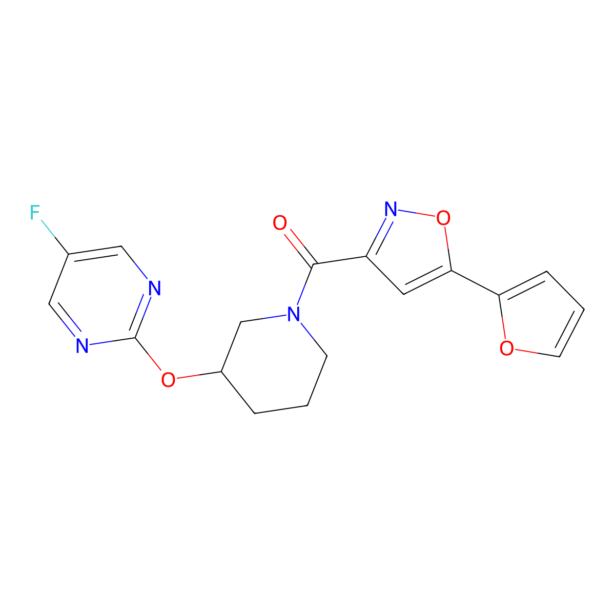 (3-((5-Fluoropyrimidin-2-yl)oxy)piperidin-1-yl)(5-(furan-2-yl)isoxazol-3-yl)methanone molecular structure, CAS 2034527-63-2