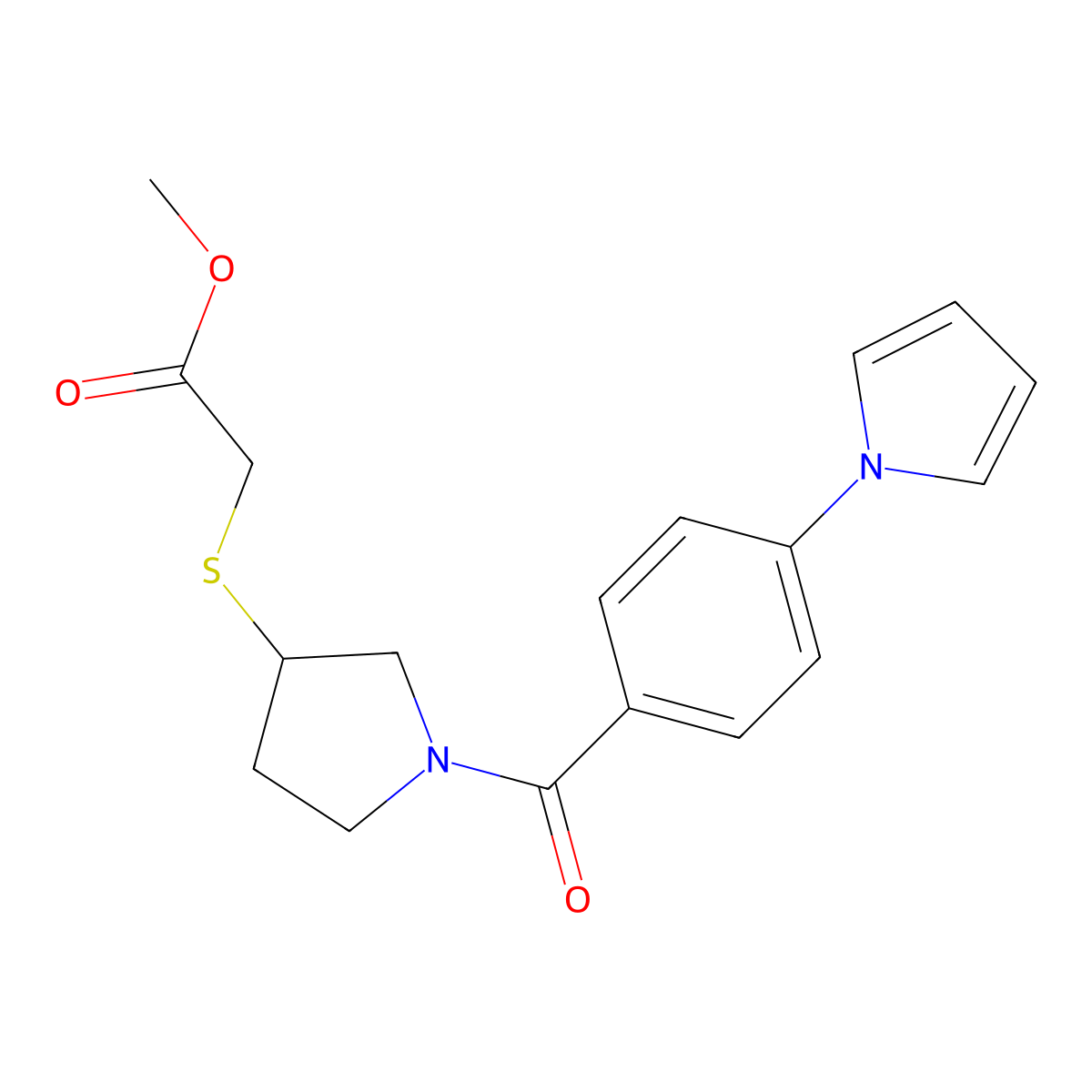 methyl 2-((1-(4-(1H-pyrrol-1-yl)benzoyl)pyrrolidin-3-yl)thio)acetate molecular structure, CAS 2034527-73-4