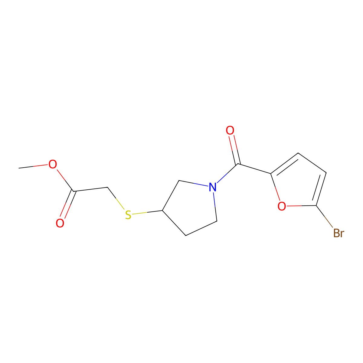 Methyl 2-((1-(5-bromofuran-2-carbonyl)pyrrolidin-3-yl)thio)acetate molecular structure, CAS 2034527-83-6