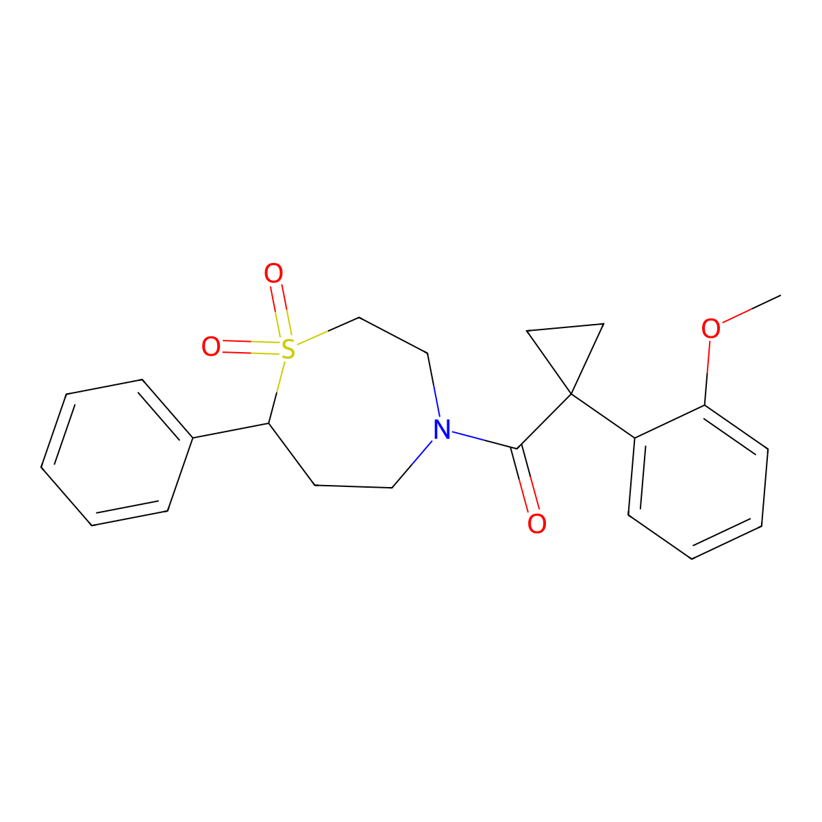(1,1-Dioxido-7-phenyl-1,4-thiazepan-4-yl)(1-(2-methoxyphenyl)cyclopropyl)methanone molecular structure, CAS 2034527-87-0