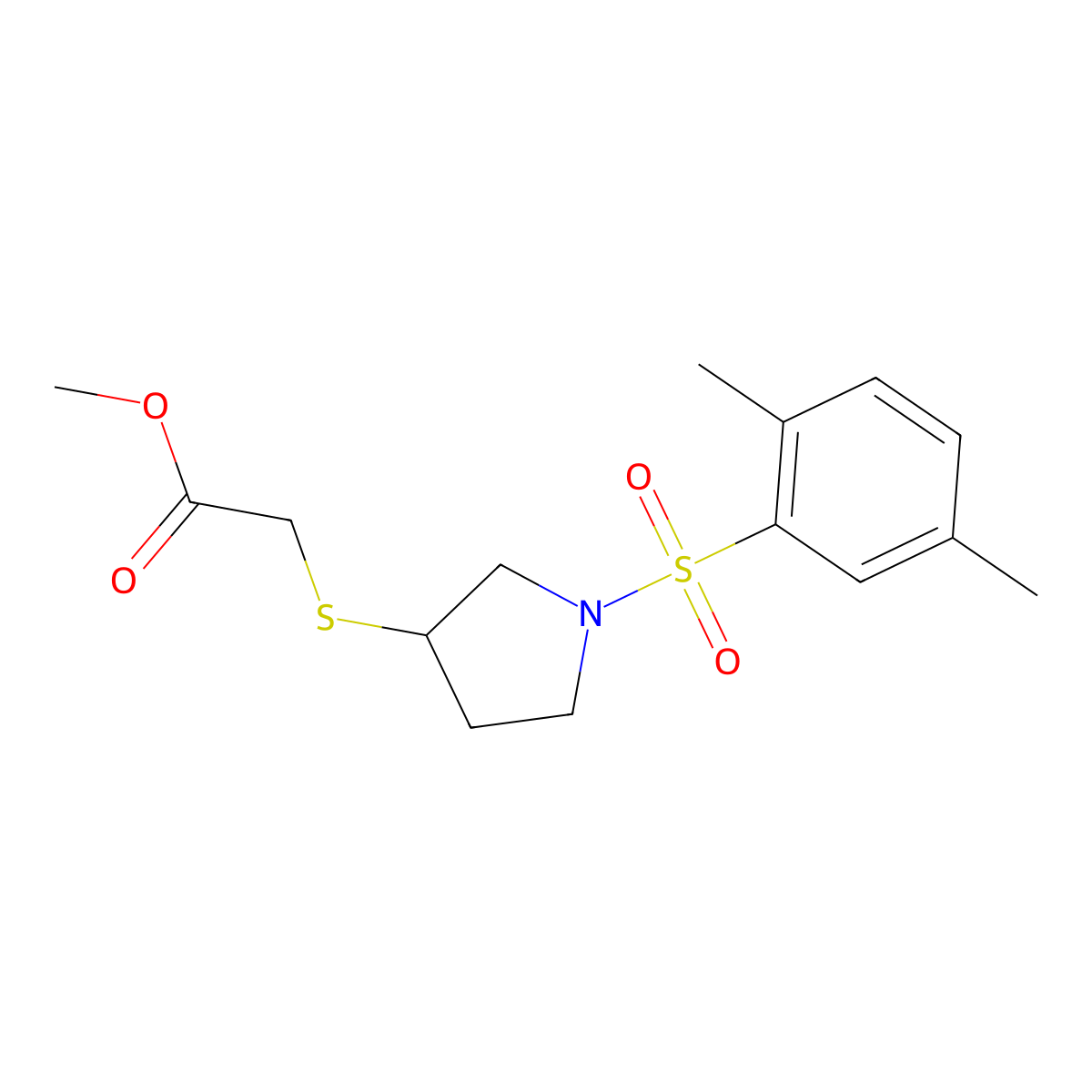 Methyl 2-((1-((2,5-dimethylphenyl)sulfonyl)pyrrolidin-3-yl)thio)acetate molecular structure, CAS 2034527-95-0