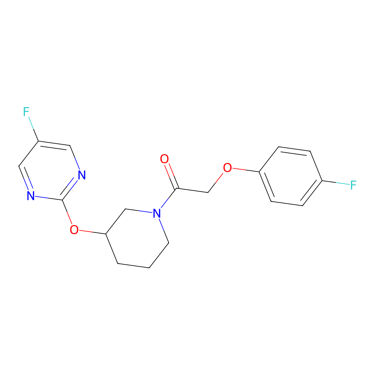 2-(4-Fluorophenoxy)-1-(3-((5-fluoropyrimidin-2-yl)oxy)piperidin-1-yl)ethanone molecular structure, CAS 2034528-00-0