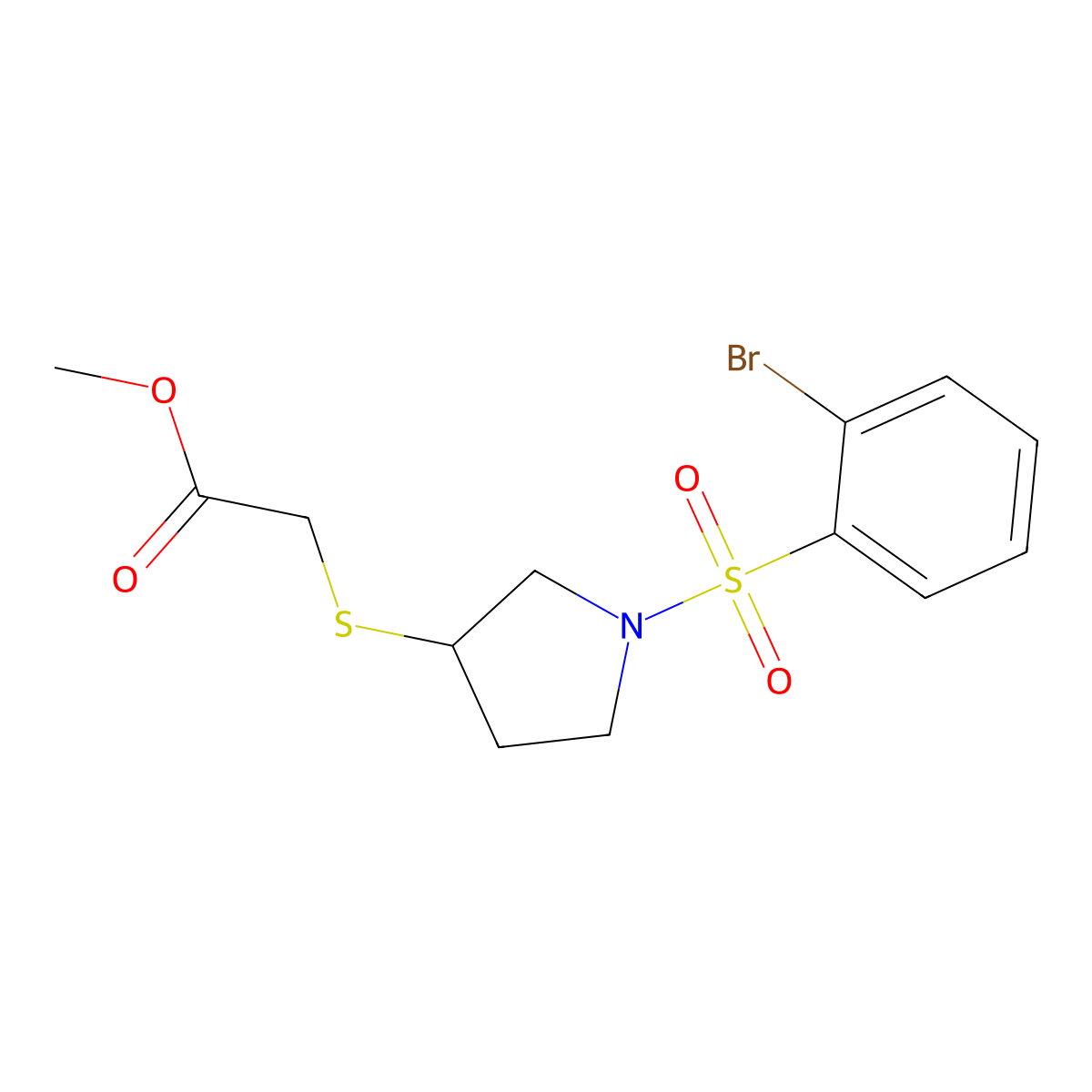Methyl 2-((1-((2-bromophenyl)sulfonyl)pyrrolidin-3-yl)thio)acetate molecular structure, CAS 2034528-08-8
