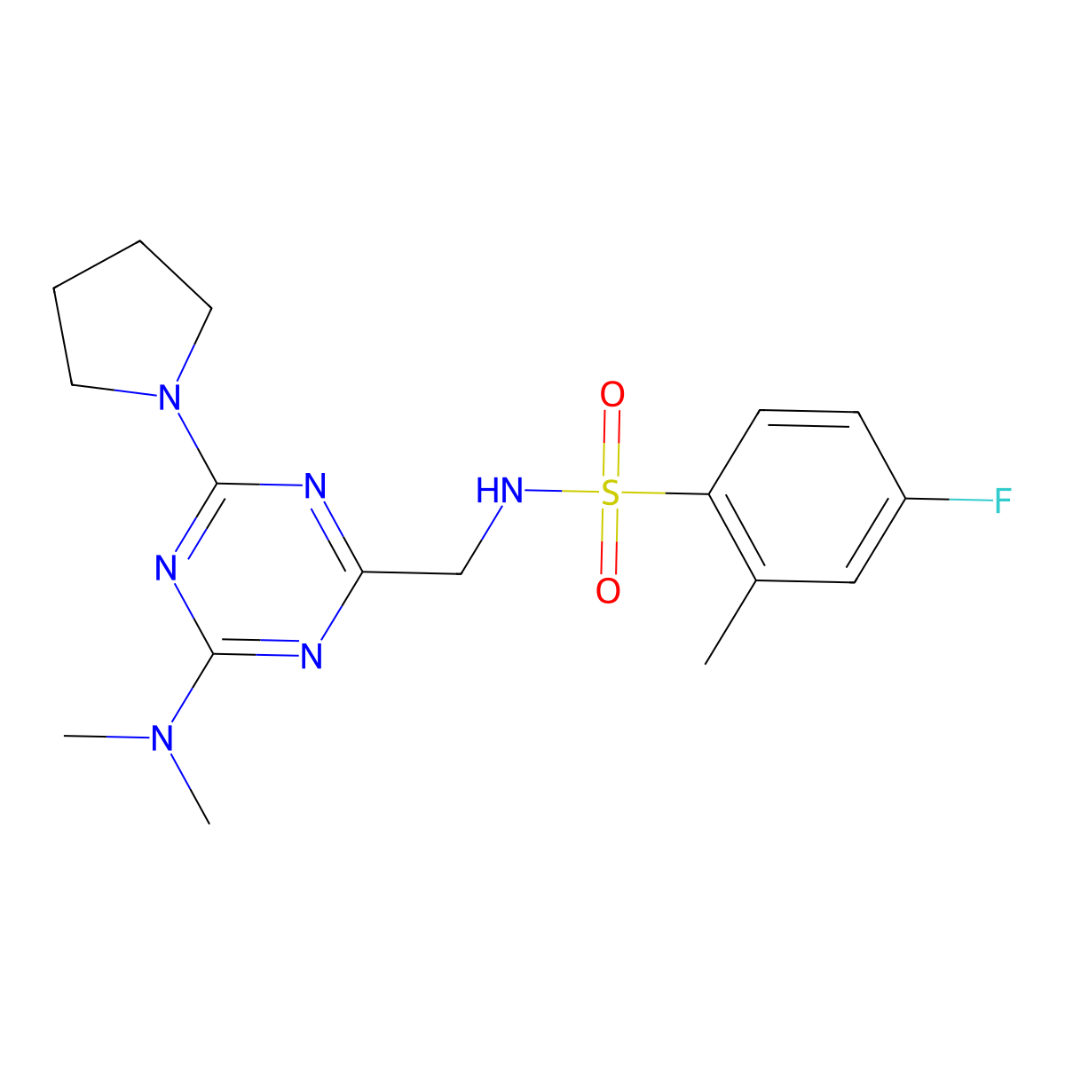 N-((4-(dimethylamino)-6-(pyrrolidin-1-yl)-1,3,5-triazin-2-yl)methyl)-4-fluoro-2-methylbenzenesulfonamide molecular structure, CAS 2034528-32-8