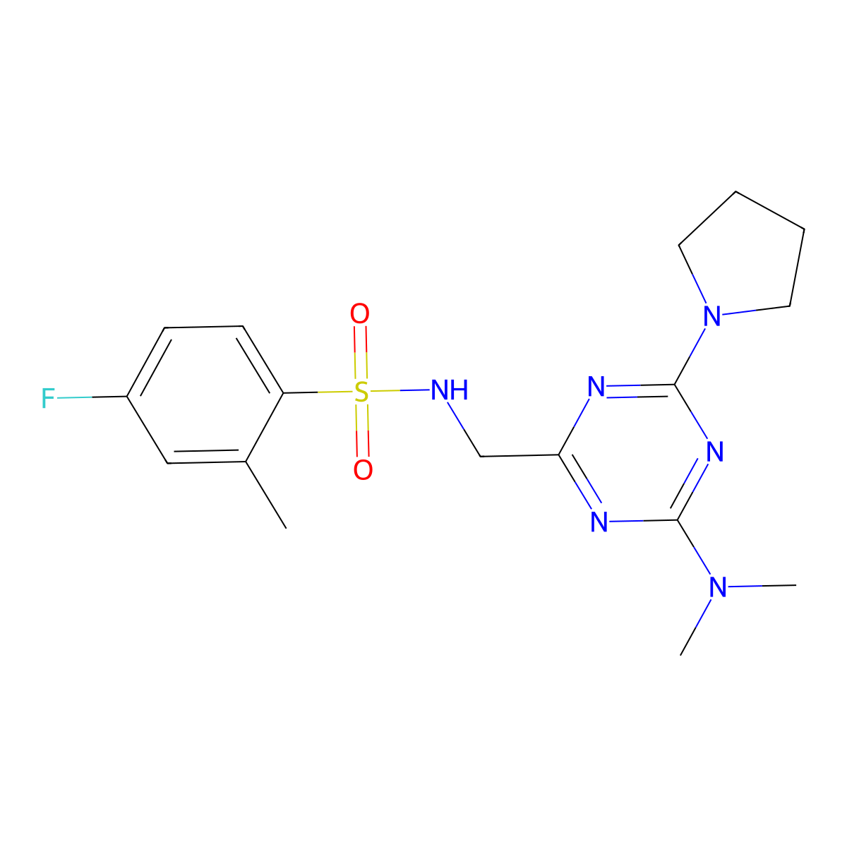N-((4-(dimethylamino)-6-(pyrrolidin-1-yl)-1,3,5-triazin-2-yl)methyl)-4-fluoro-2-methylbenzenesulfonamide molecular structure, CAS 2034528-32-8